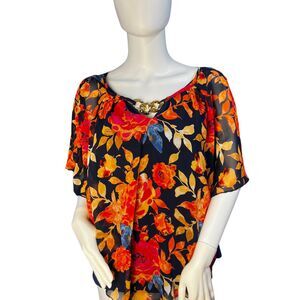 Cocomo Blouse XL Floral Overlay Print Gold Chain Detail Scoop Neck Flowy Top